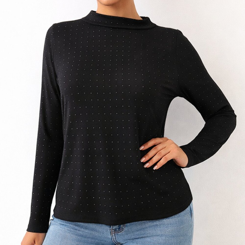 Womens XXL Studded Top Mock Neck Black Long Sleeve Stretch Knit Minimalist Chic